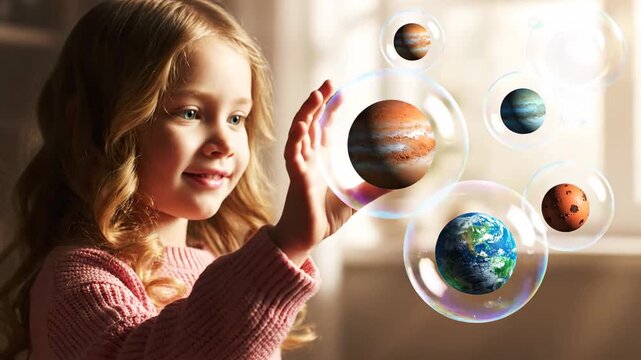 Young child imagines planets in a dreamlike setting