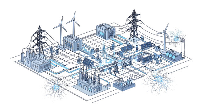 Renewable Energy Infrastructure Diagram with Turbines and Towers.
