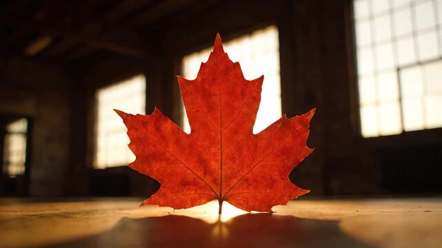 An autumn maple leaf stands illuminated by window light indoors