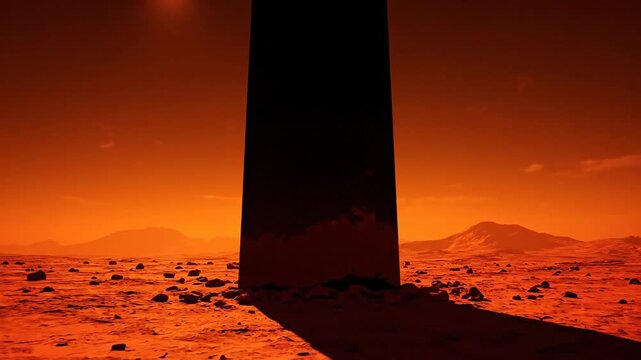 A mysterious dark monolith stands on a barren orange landscape