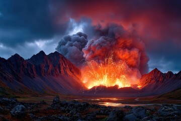 Fototapeta premium Volcanic eruption with glowing lava and smoke at twilight