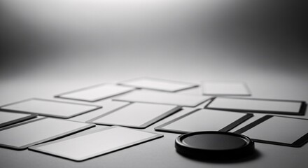 Many blank white rectangular cards scattered on flat gray surface with round black lens cap under soft studio lighting for mockup design and creative presentation layout