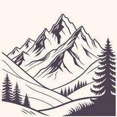 Dramatic mountain vista with sharp peaks, rolling hills, and scattered pine trees, presented in a bold, stylized ink illustration.