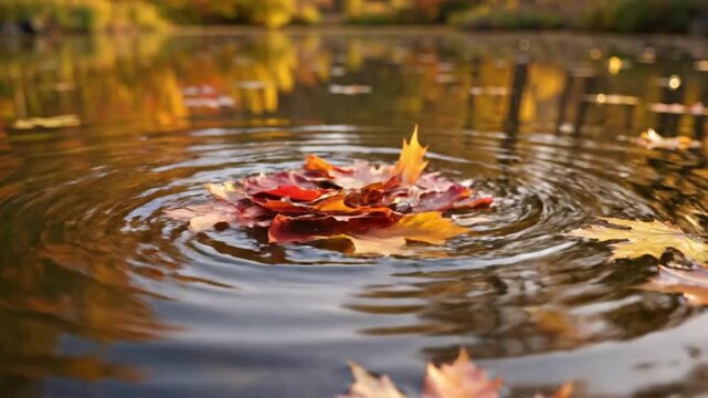 Autumn leaves falling into rippling water, creating concentric circles in a serene lake surrounded by vibrant foliage from an overhead viewpoint.