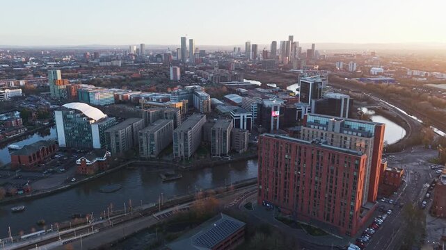 Pomona Island, Salford Quays with Manchester skyline in background, England