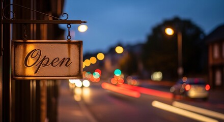 Open sign illuminated in evening light, long exposure street scene with blurred car lights and city ambiance, welcoming atmosphere for customers