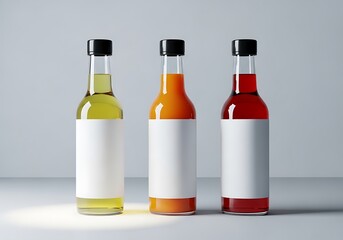Three glass bottles filled with different colored liquids presented on gray