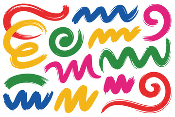 Obraz premium Collection of colorful hand drawn brush strokes with red yellow blue green and pink spirals and waves isolated on transparent background