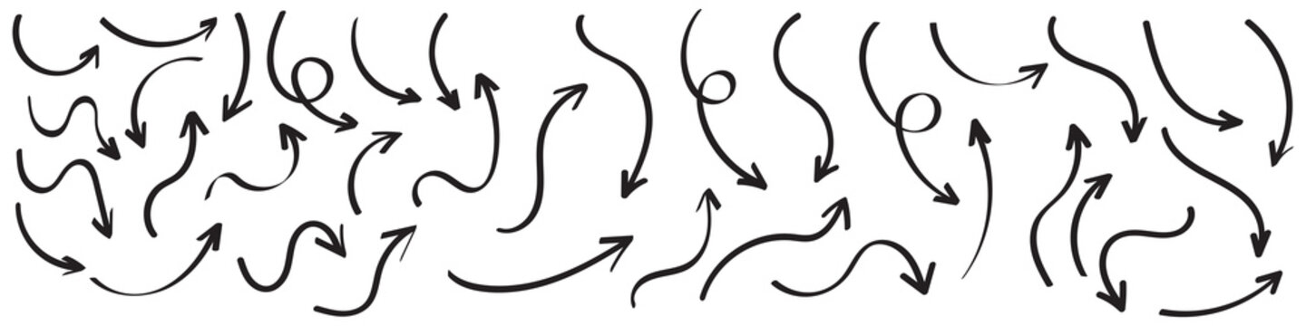 Hand drawn line arrows icons set collection. Arrow vector elements hand drawn arrows brush stroke curly arrow collection. Vector illustration isolated on white background.