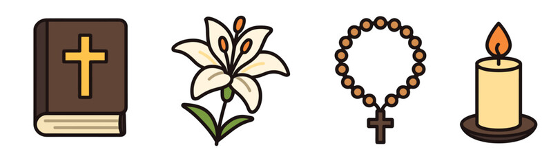 Obraz premium Set of four Christian religious symbols including a holy bible, an Easter lily, rosary beads, and a lit candle, depicted in a simple, colorful cartoon vector illustration style