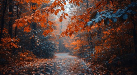 Misty Autumn Forest Path with Orange Leaves and Raindrops