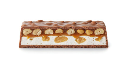 A delicious slice of cake with caramel and nuts on a white background