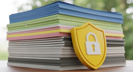 Secure stack of documents with a digital lock symbol for data protection