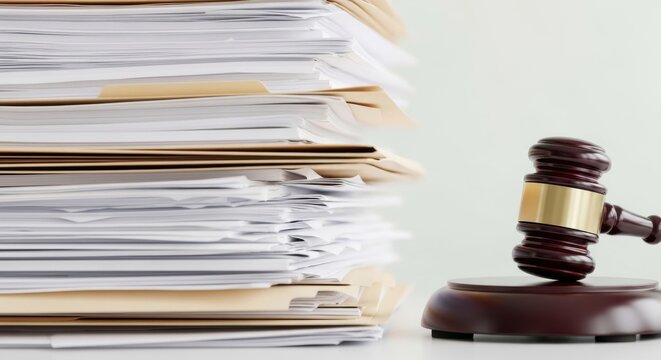 A stack of legal documents next to a gavel symbolizing court proceedings and law.
