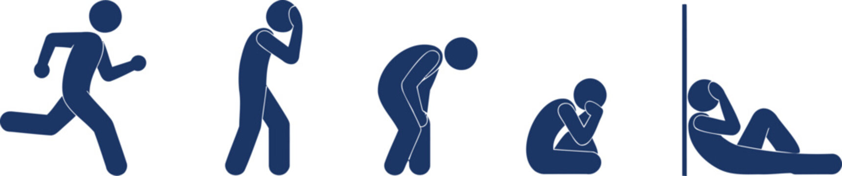 Five dark blue stick figures in various poses on white background