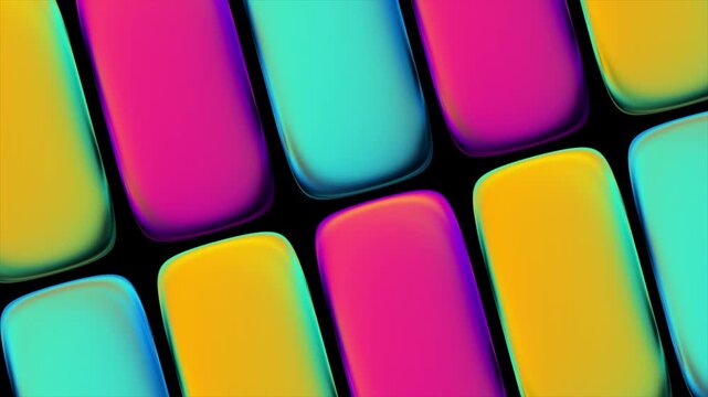 Abstract background featuring 3D frosted glass blocks with vibrant neon gradients in blue pink and green. Modern translucent geometric composition creative motion design. Glassmorphism style.