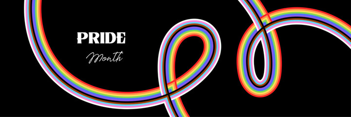 Obraz premium LGBTQIA Pride Flag vector banner. Wavy rainbow ribbon in Pride parade Colors on isolated background. Vector Illustration for social media Pride month designdesigns.