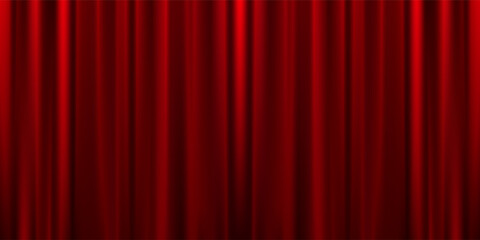 Red velvet curtain background. Closed curtains wallpaper for theater stage or cinema, circus. Red fabric drapery backdrop for award, show, performance. Velvet textile room scene banner concept. Vector