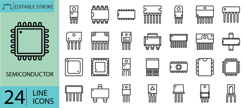 Semiconductor icons set. Includes symbols of microchips, processors, circuits, wafers, transistors, and electronic components. Editable stroke. Vector illustration. Outline icons.