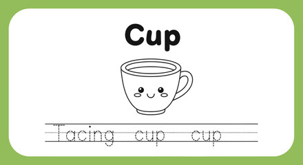 Cup tracing worksheet for kids. Handwriting practice.