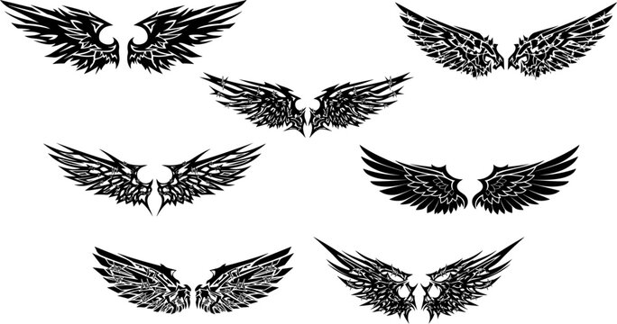Fantasy wings vector collection. Includes angel, bird, demon, gothic, and tribal style wing pairs. Created in detailed black and white silhouette style.