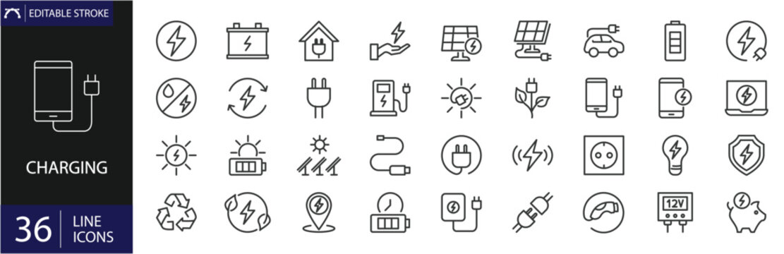 Charging icons set. Includes symbols of batteries, power plugs, electric charging, energy, and devices. Editable stroke. Vector illustration. Outline icons. Perfect for technology.