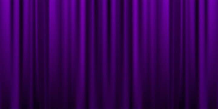 Royal purple velvet curtains background. Closed curtain backdrop for theater stage or cinema, circus. Vector textile room scene screen. Violet fabric drapery wallpaper for award, show, performance