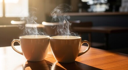 Two steaming cups of coffee on wooden table, morning light, cozy atmosphere, cafe interior, hot beverage, relaxation, breakfast, warmth, steam, comfort, enjoyment, aroma, refreshment, break time, mug