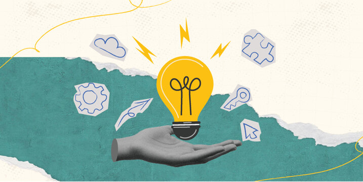 Trendy Halftone Collage Two Hands holds lightbulb. Trendy Halftone Collage Problem solving concept. Business solution. Creative mind or brainstorm. Ask for reply. Contemporary vector art