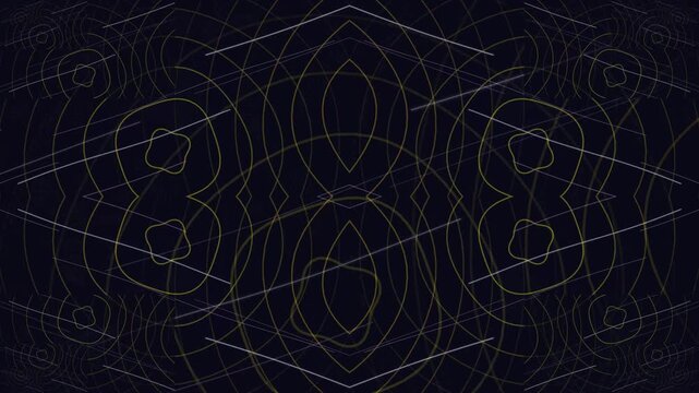 Geometric pattern with interconnected shapes and lines on dark background.