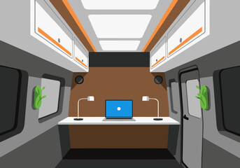 Modern van office interior showcases a sleek workspace with a laptop, desk, and warm wood paneling. Clean lines and ample lighting create a productive and stylish mobile office setup. © Vector Factory