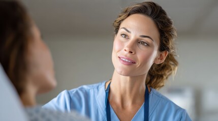 Fototapeta premium Nurse talks with patient in hospital room during afternoon visit for health check and support while providing care