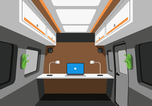 Modern van office interior showcases a sleek workspace with a laptop, desk, and warm wood paneling. Clean lines and ample lighting create a productive and stylish mobile office setup.