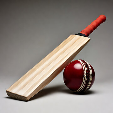 Realistic Wooden Cricket Bat with Red Leather Ball Isolated on Neutral Background High Quality 3D Sports Equipment Render