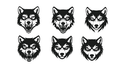 A collection of six husky dog head designs showcasing varying expressions and a bold graphic silhouette high quality professional detailed modern © CreativeAkash099