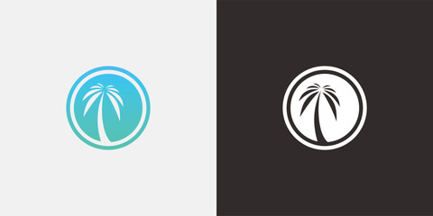 Palm tree logo design in a circle on white and black backgrounds.
