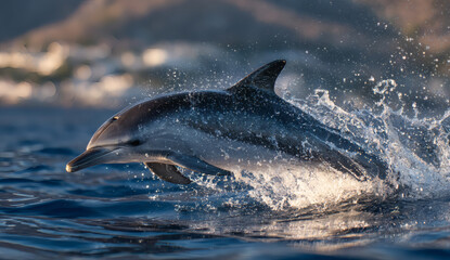 Fototapeta premium A joyful bottlenose dolphin leaping high out of blue tropical water with bright sunlight and white clouds above