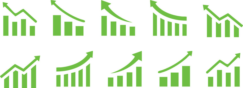 Green Bar Graphs and Line Charts Showing Growth and Decline