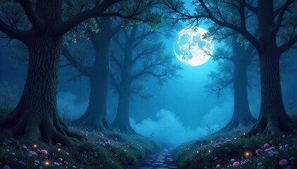 Fototapeta premium An ethereal dream wallpaper featuring a mystical forest illuminated by moonlight, creating a magical and enchanting atmosphere , forest, dreamlike