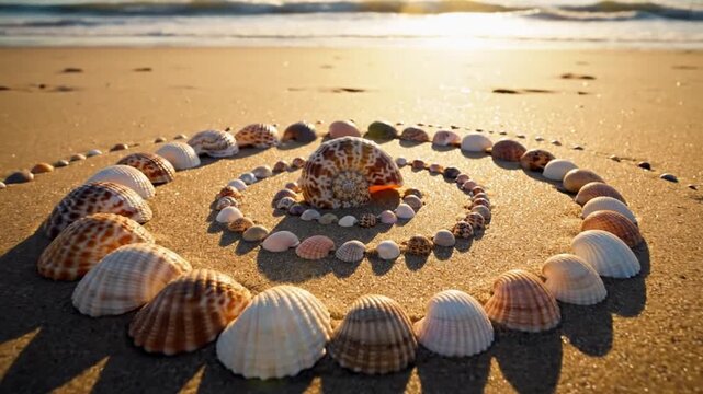 A spiral arrangement of seashells and pebbles on a sandy beach at sunset
