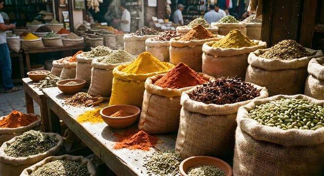 Traditional Souq Spice Market with Sacks of Vibrant Turmeric Cumin and Exotic Seasonings