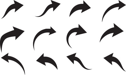 Set of Twelve Black Curved Arrows on White Background