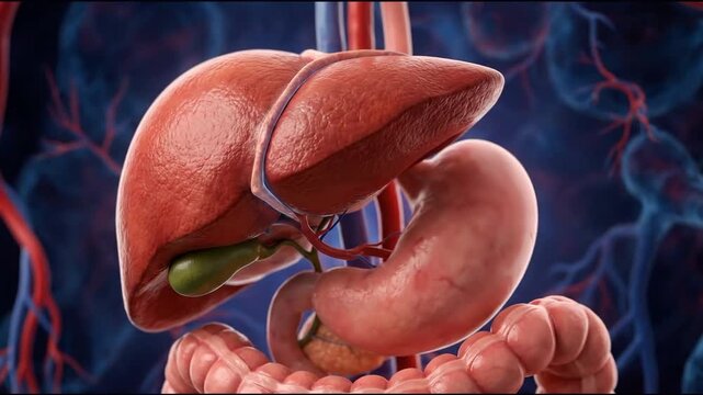 Detailed 3d rendering of human liver, stomach, gallbladder, pancreas, and intestinal organs, suitable for medical education, healthcare presentations, anatomy studies, scientific research