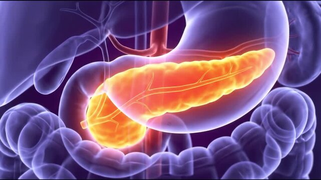 Detailed 3d rendering of human pancreas, stomach, and intestine, suitable for medical anatomy, disease study, healthcare education, and scientific diagram.