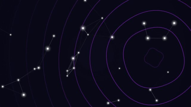 Stylized representation of constellations with purple concentric circles.