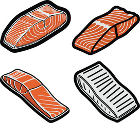 Minimalist frozen salmon fillet vector sticker, bold black thick clean outline, pure white background, isolated object