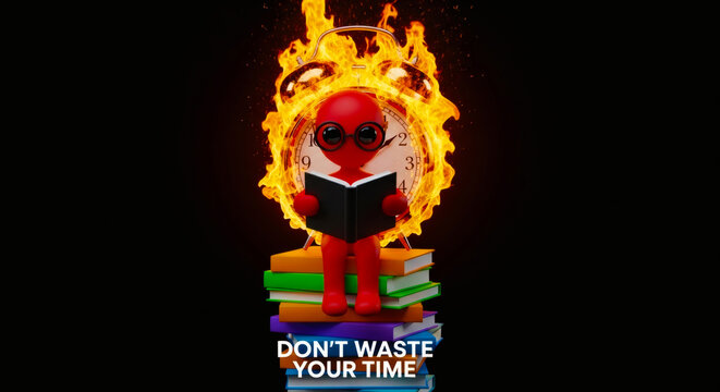 Red character reading on stack of books with burning alarm clock and text dont waste your time