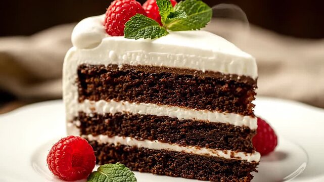 A slice of chocolate cake topped with raspberries and mint