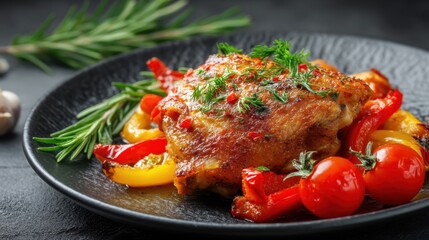 Delicious herb-roasted chicken with grilled vegetables on black plate.