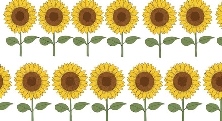 Vibrant sunflower pattern arranged in a grid layout with green stems and leaves isolated on transparent background, Vector